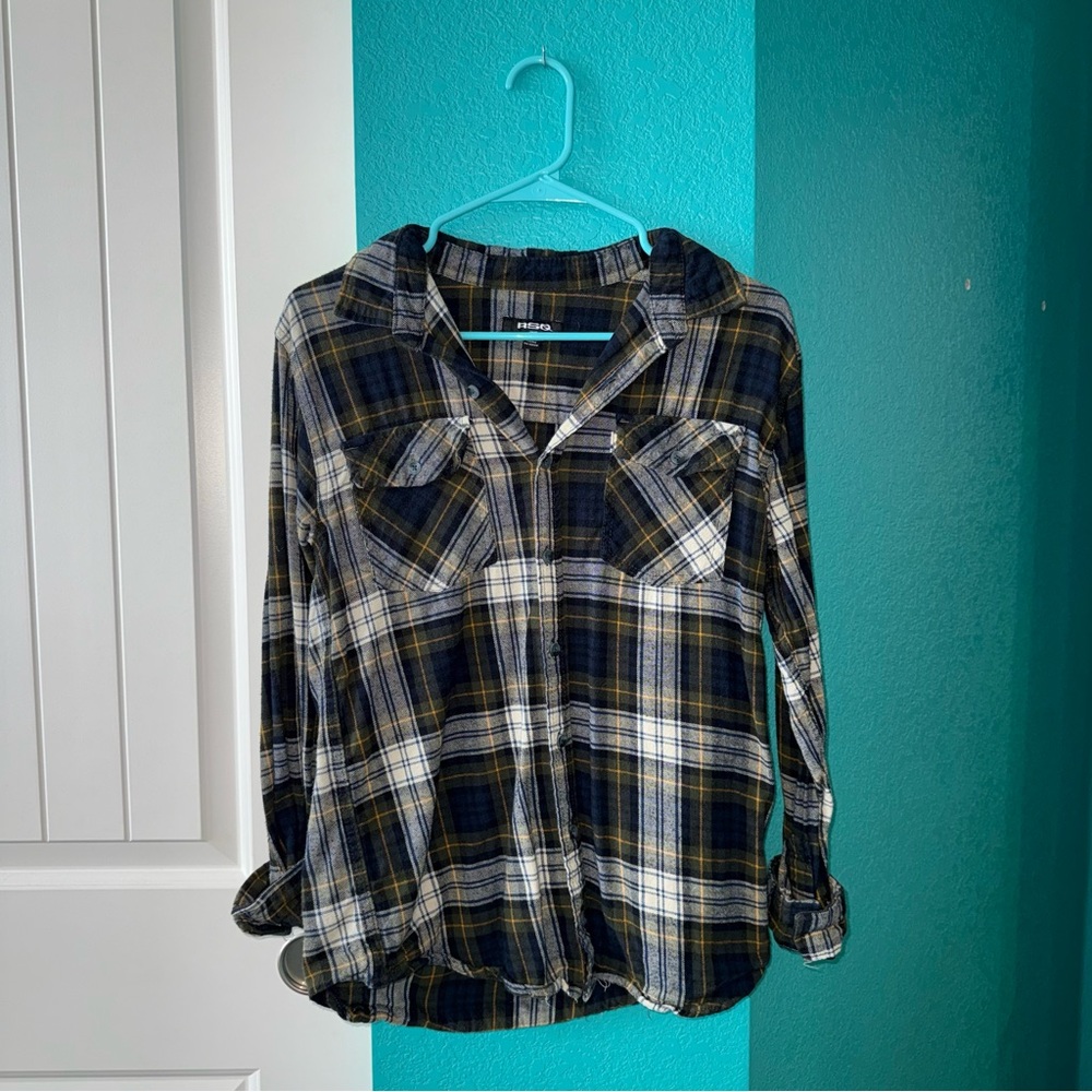 RSQ Navy and Olive Plaid Shirt